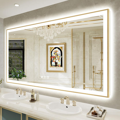 72x40 LED Bathroom Mirror with Lights, Gold Framed Lighted Mirror | Backlit and Front light, Anti-Fog, 3 Color Dimmable, Memory, Tempered Glass, IP54 Waterproof, UL Listed