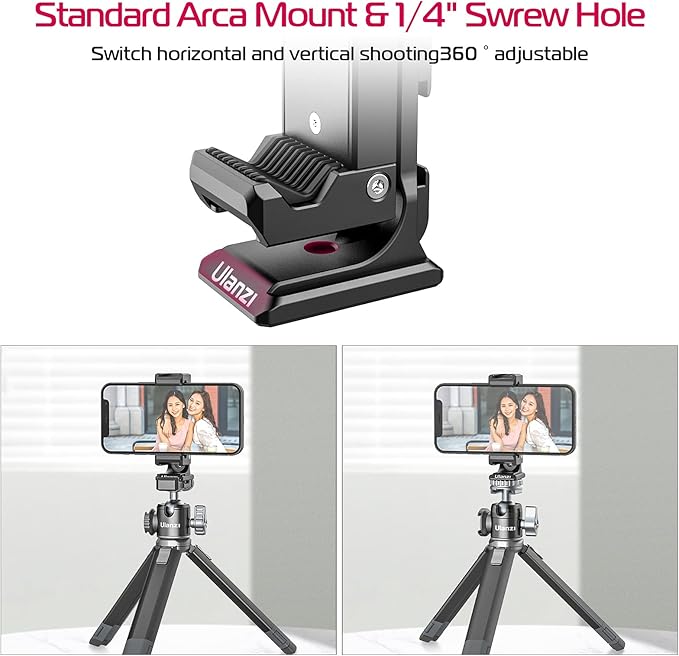 Metal Phone Tripod Mount 3 Cold Shoes & Arca Port, 360° Smartphone Tripod - Image 2