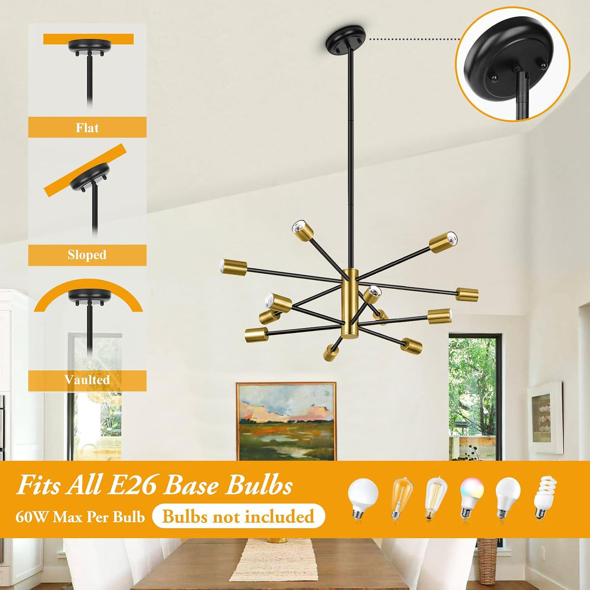 BesLowe 12 Light Modern Chandelier for Dining Room, Black and Gold