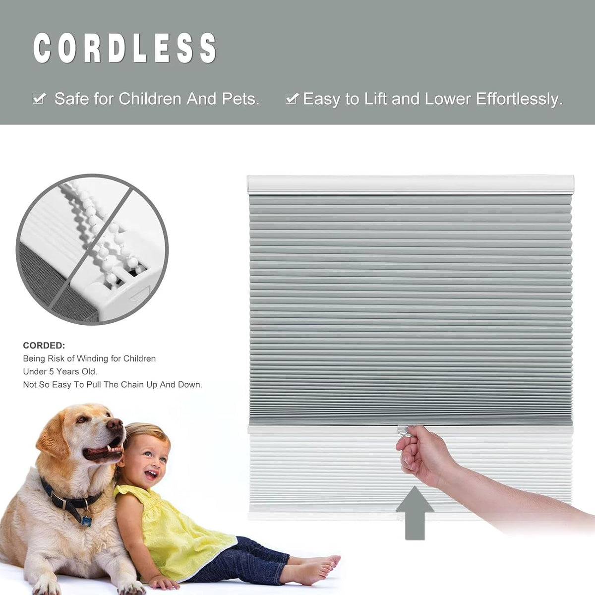 Cordless Cellular Shades, Blackout Room Darkening Black Out Honeycomb Blinds for Indoor Windows Bedroom, Pull Down Pleated Accordion Blind Easy Install, Shade Size 24" Wx50 H, Gray
