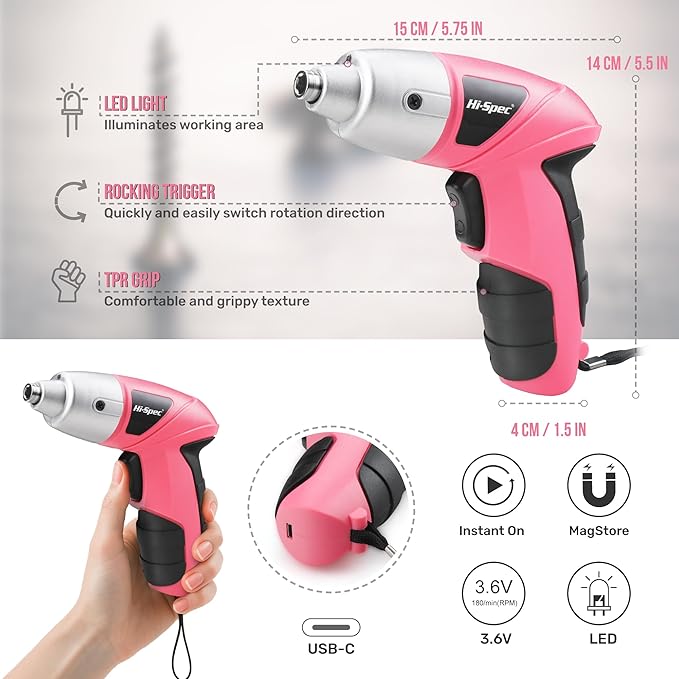 Hi-Spec Electric Screwdriver 27pc 3.6V Pink USB Small Power Screwdriver Set. - Image 3