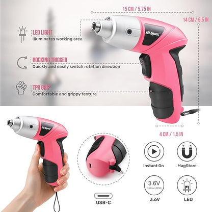 Hi-Spec Electric Screwdriver 27pc 3.6V Pink USB Small Power Screwdriver Set. - Image 3