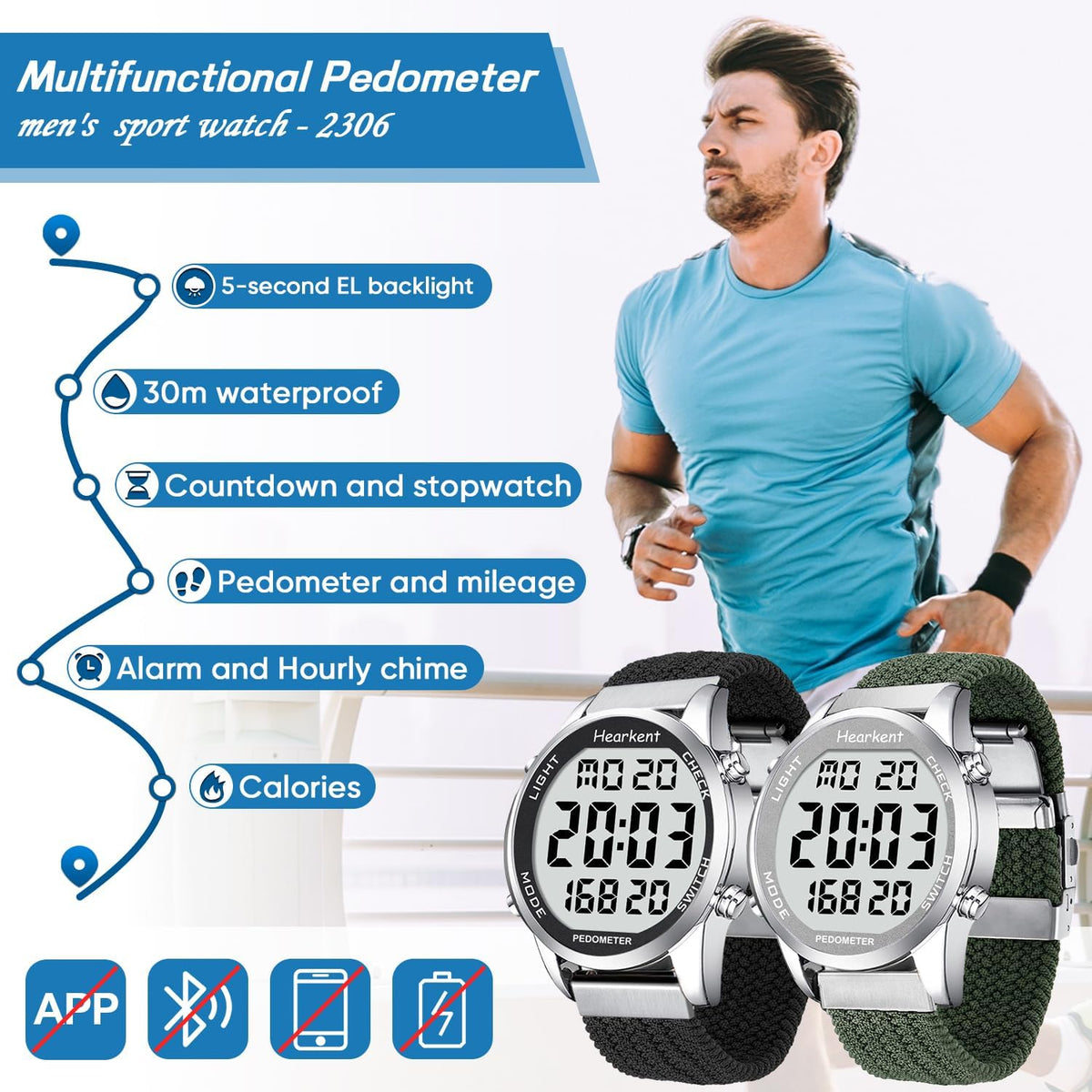 Hearkent Pedometer Watch,Step,Mileage&Calorie Tracker,Large Numbers