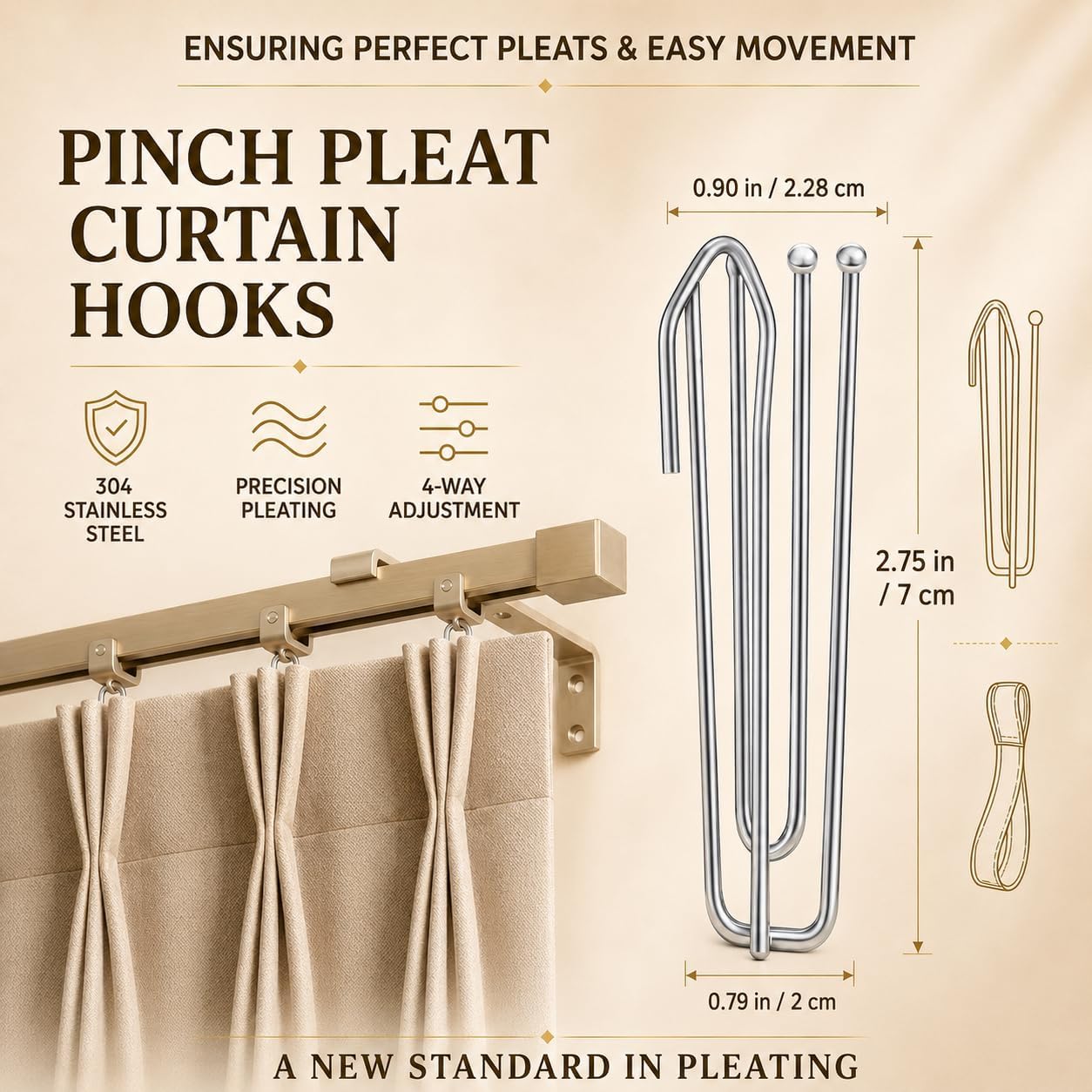 90PCS Stainless Steel Curtain Pleat Hooks,Drapery Hook and Pin for Pleated Drapes 4 Prongs Pinch Pleat Hook Clips,Traverse Pleater 4 End Curtain Hangers for Window Door Bathroom Curtain