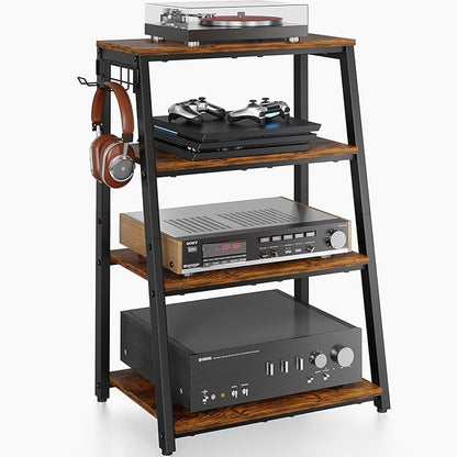 4-Tier AV Media Stand with 2 Hooks, Heavy Duty Stereo Cabinet Furniture-Large by X-cosrack