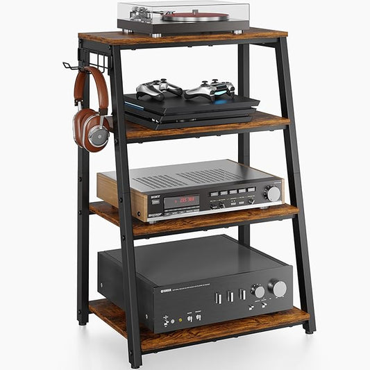4-Tier AV Media Stand with 2 Hooks, Heavy Duty Stereo Cabinet Furniture-Large by X-cosrack