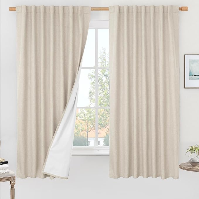 LAMIT 100% Blackout Linen Curtains 63 Inches Long, Linen Textured Living Room by LAMIT
