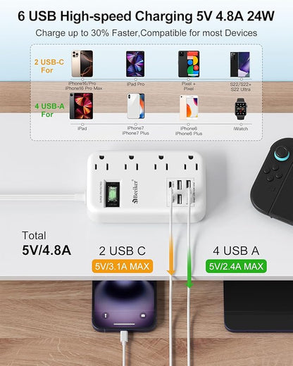 Beeiker 6 USB Surge Protector Power Strip- 10 Ft Extension Cord - Image 2