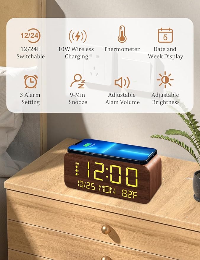 Digital Alarm Clock, with Wooden Electronic LED Time Display, 3 Alarm Settings - Image 5