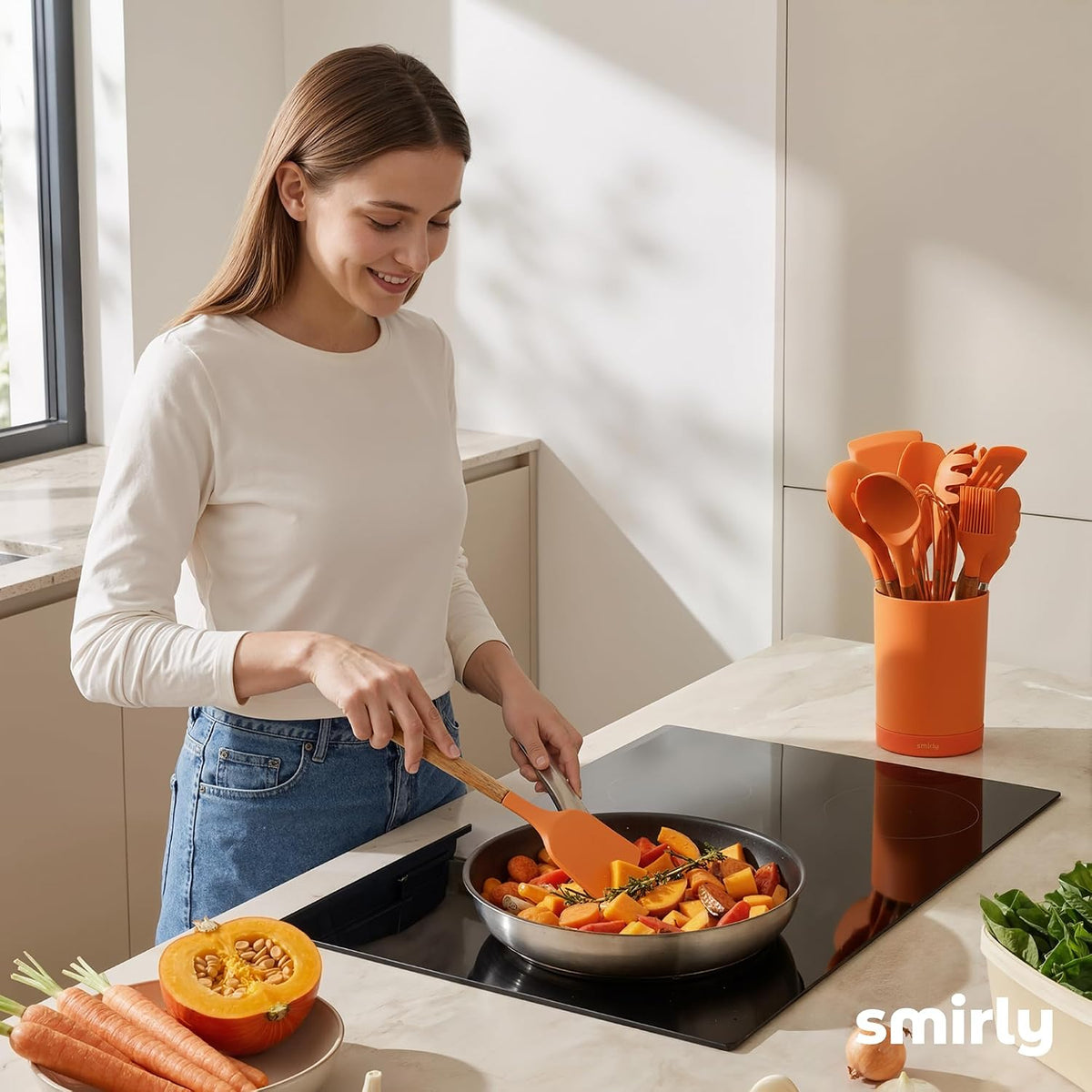SMIRLY Silicone Kitchen Utensils Set, 22-Piece Acacia Wood Handle, Orange