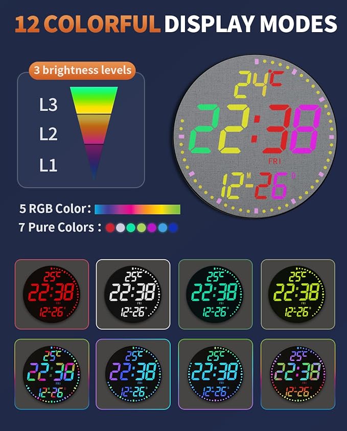 GLOKUUCA 12" Large Digital Wall Mount Clock, Count Down Timer, Big LED - Image 7