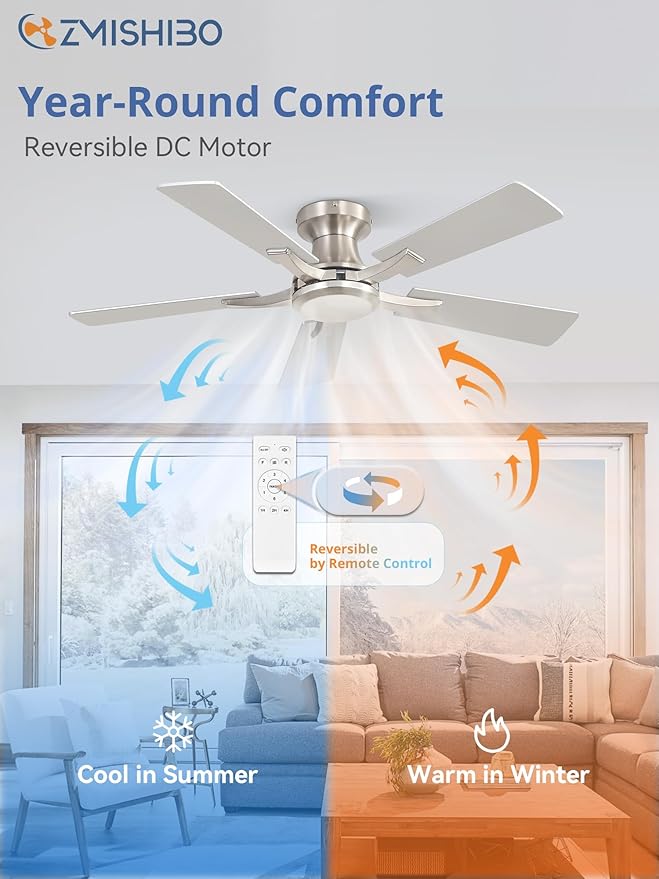 ZMISHIBO 42 Inch Ceiling Fan No Light, Flush Mount Low Profile, Modern Nickel - Image 5