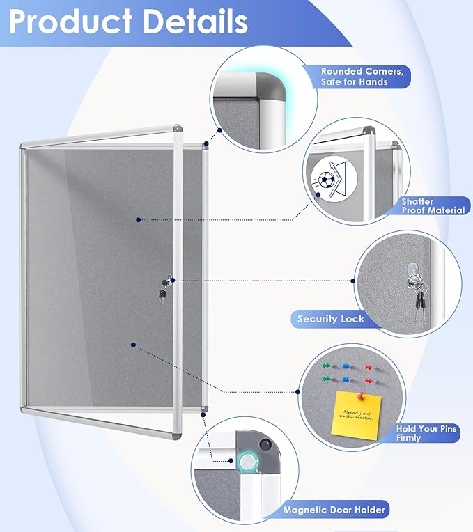 SWANCROWN Enclosed Bulletin Board 36x24 in, Tamperproof Lockable Grey Felt - Image 3