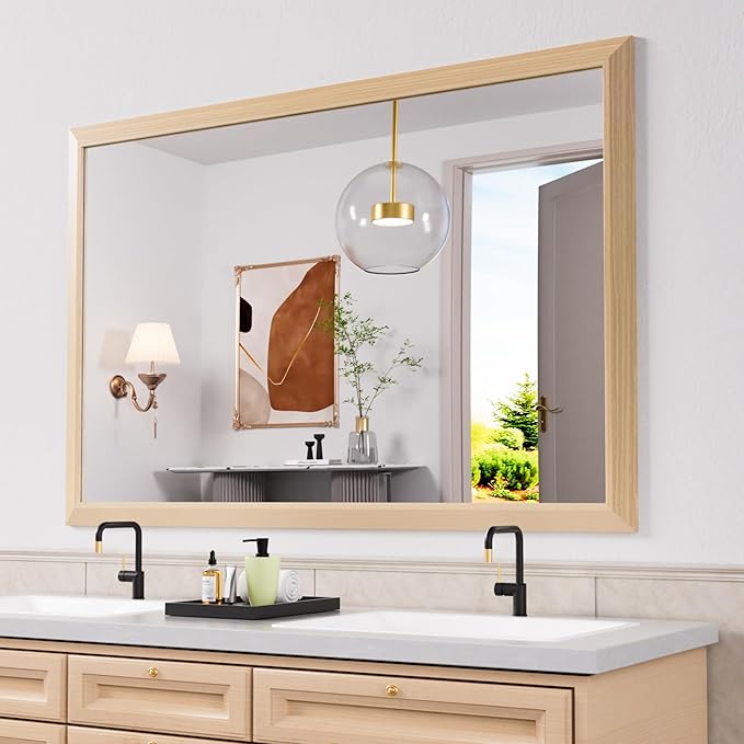 Amorho Bathroom Mirror, 60 X40 Inch Wall Mirror, Oak Wood Grain Metal Framed by Amorho