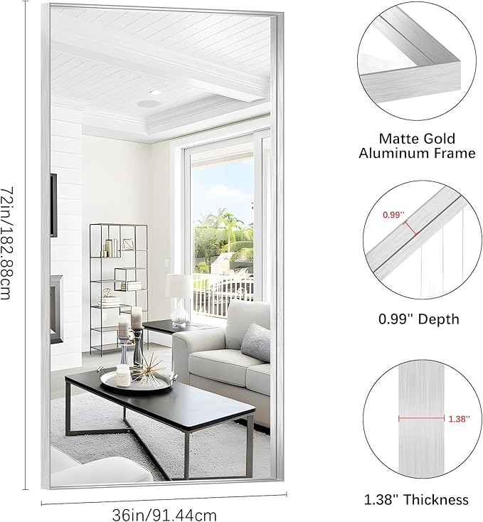 Silver Bathroom Mirror, 72x36 Inch Rectangular Framed Mirror, Large Wall - Image 3