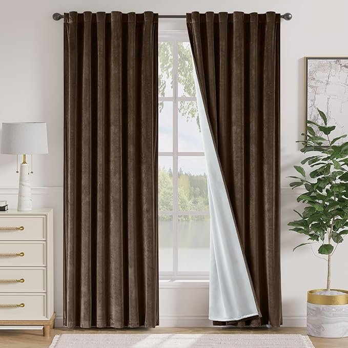 Lazzzy Dark Brown Velvet Blackout Curtains 90 Inches Long Thermal Insulated by Lazzzy