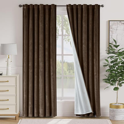 Lazzzy Dark Brown Velvet Blackout Curtains 90 Inches Long Thermal Insulated by Lazzzy