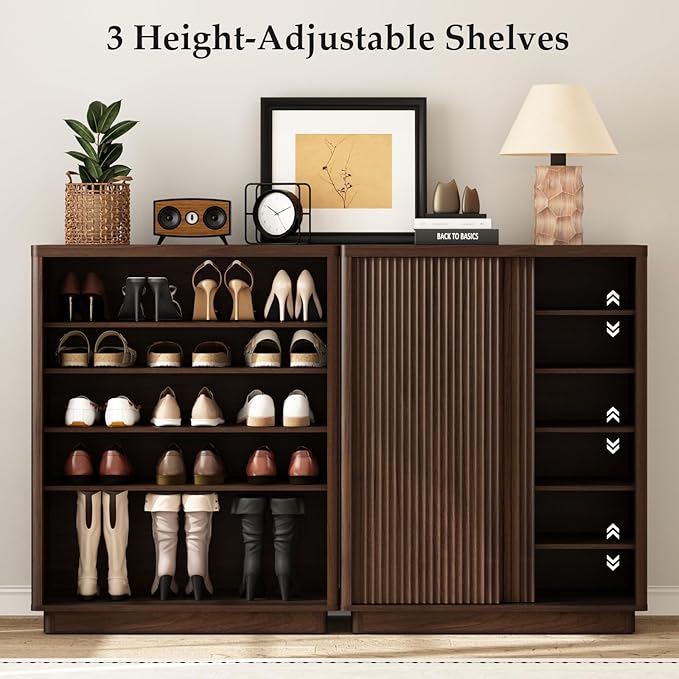 Fluted Shoe Cabinet with Sliding Door, 6-Tier Large Hidden Storage Organizer - Image 4