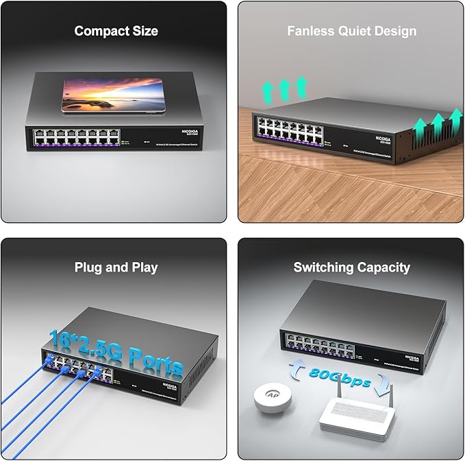 16 Port 2.5Gb Ethernet Switch Unmanaged, NICGIGA 16 Port 2.5G Network Switch - Image 7