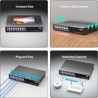 16 Port 2.5Gb Ethernet Switch Unmanaged, NICGIGA 16 Port 2.5G Network Switch - Image 7