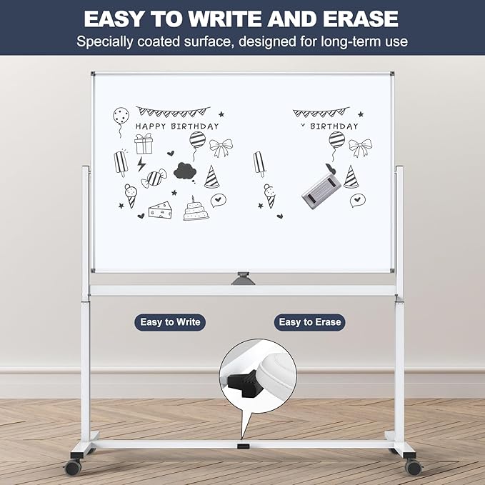 White Board on Wheels, 48 x 32 Inches Height-Adjustable Large Rolling Whiteboard - Image 5