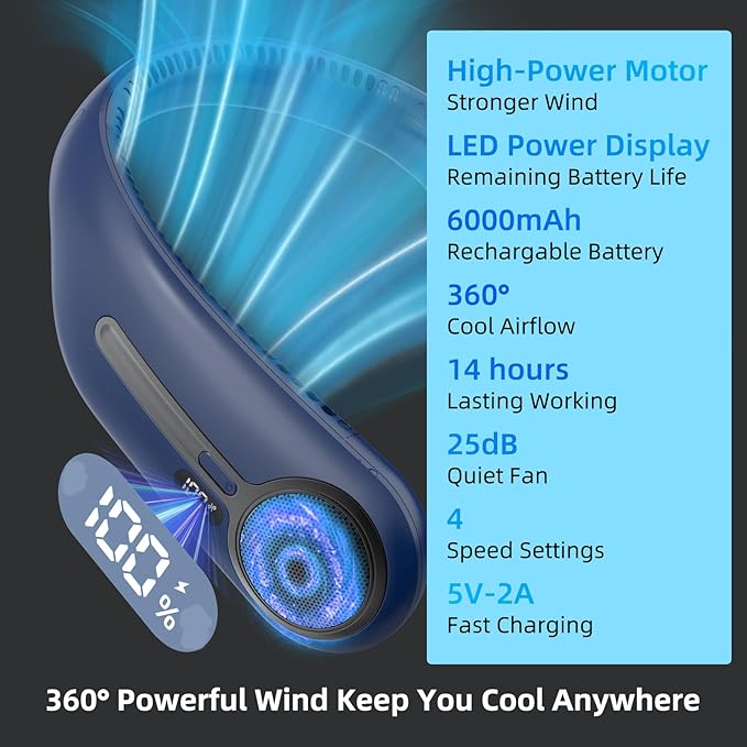 Portable Neck Fan, Hands Free Personal Wearable Bladeless Fan, 6000mAh USB - Image 3