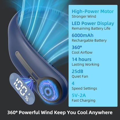 Portable Neck Fan, Hands Free Personal Wearable Bladeless Fan, 6000mAh USB - Image 3