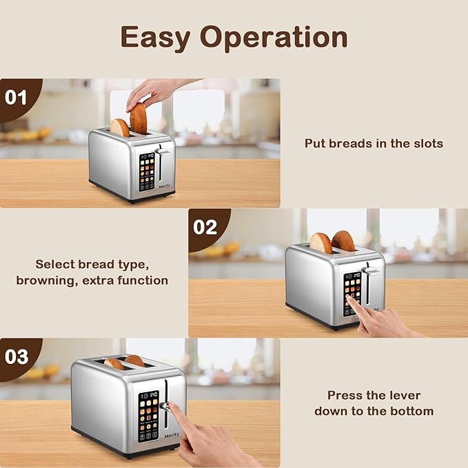 Mecity 2 Slice Toaster Touch Screen 1.5" Wide Slot, Stainless Steel Smart Bread - Image 6