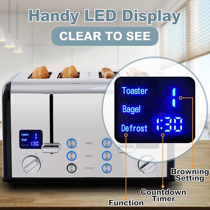 CUSIMAX 4 Slice Toaster, Stainless Steel, Ultra-Clear LED Display & Extra Wide - Image 4
