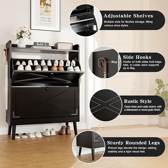 Shoe Storage Cabinet with 2 Flip Drawers & Adjustable Shelves, Freestanding - Image 5