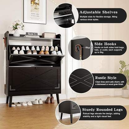Shoe Storage Cabinet with 2 Flip Drawers & Adjustable Shelves, Freestanding - Image 5