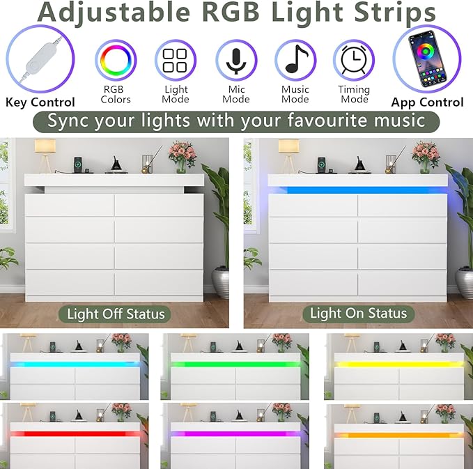 8 Drawer Dresser with Power Outlet, Dresser with LED Light, Modern Chest of - Image 4