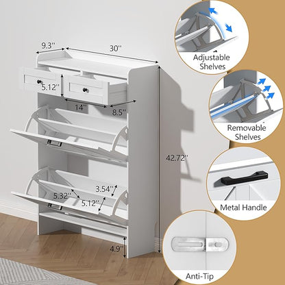 Shoe Cabinet with 2 Flip Drawers & 2 Storage Drawers, Rustic Farmhouse Narrow - Image 6
