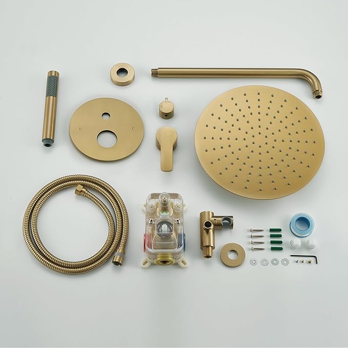 Iriber Brushed Gold Shower System Wall Mounted Shower Faucet Mixer Set - Image 7