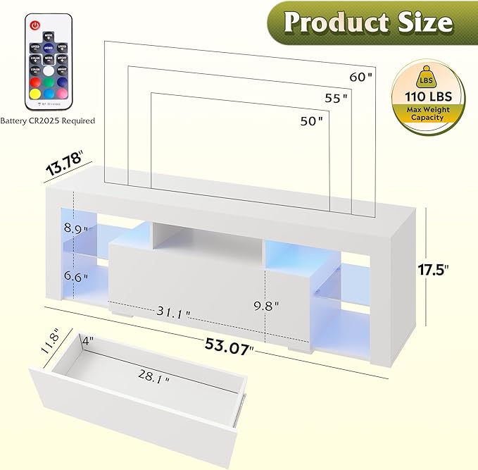 WLIVE TV Stand with LED Lights & 2 Large Storage Drawers, Modern Entertainment - Image 3