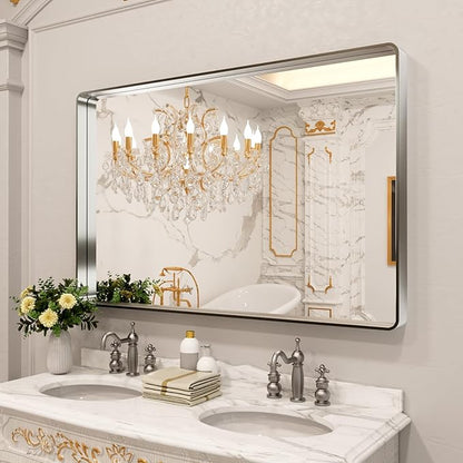 LOAAO 55X36 Inch Brushed Nickel Bathroom Mirror, Rounded Rectangle Silver Metal - Image 8