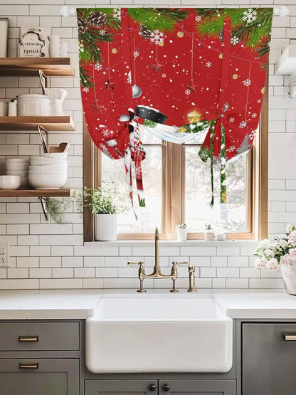 Christmas Snowman Reindeer Pine Tree Bell Tie Up Curtains for Windows, Cartoon Style Rod Pocket Window Shade Adjustable Balloon Curtain Valance for Bedroom Kitchen Bathroom Blinds 34x45in