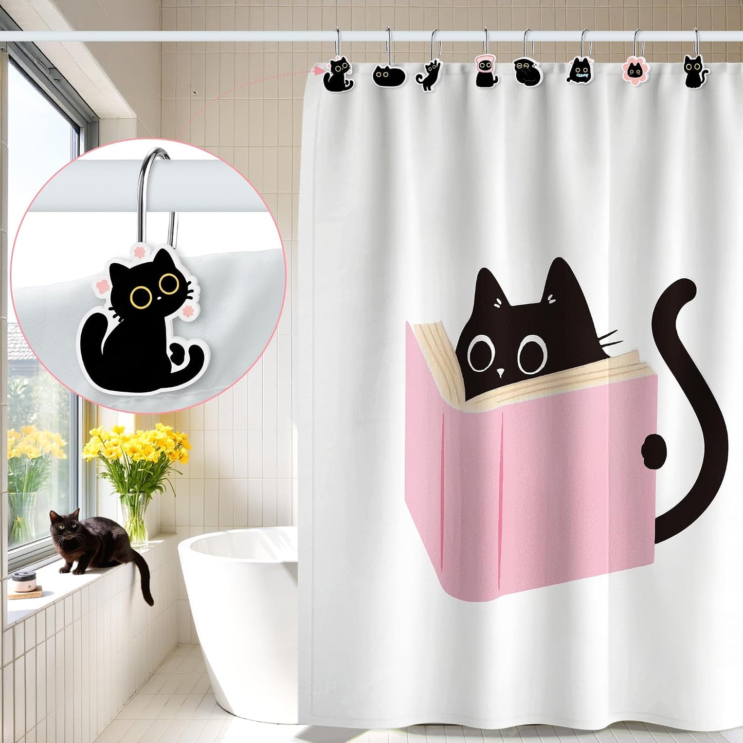 MALLMALL6 12Pcs Black Cat Shower Curtain Hooks Metal Rustproof Funny Decorative Pendants with Pink Flower Bread Fish for Bathroom Bedroom Room Home Lovely Decor Accessories Stainless Curtain Rings