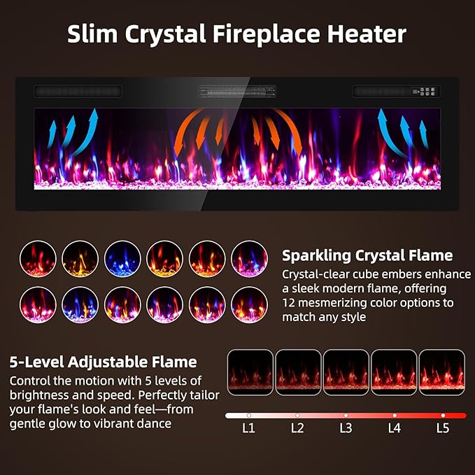 Narrow Bezel Electric Fireplace-60 inch Fireplace Wall Mount/Recessed-Ultra - Image 3