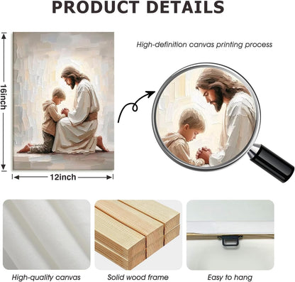 AUUAUU Jesus and Boy Praying Wall Art Christian Canvas Prints 12x16 Inches | Religious Painting Jesus and Children Picture Prints Artwork Christmas Wall Decor for Living Room Bedroom Ready to Hang