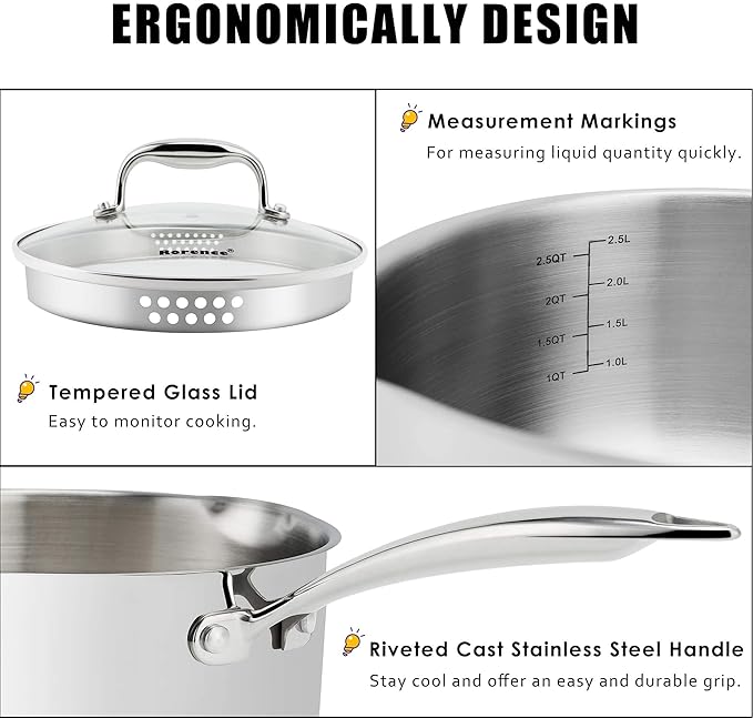 Rorence 3-Quart Saucepan with Lid: Pour and Strain Stainless Steel Sauce Pan - Image 2