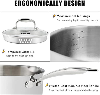 Rorence 3-Quart Saucepan with Lid: Pour and Strain Stainless Steel Sauce Pan - Image 2