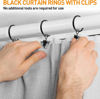 Ninsula 26 PCS Curtain Rings with Clips, Curtain Hooks for Drapes, Curtain Clips with Rings 1.26” Interior Diameter, Black Curtain Rings Fit up to 1 inch Curtain Rod