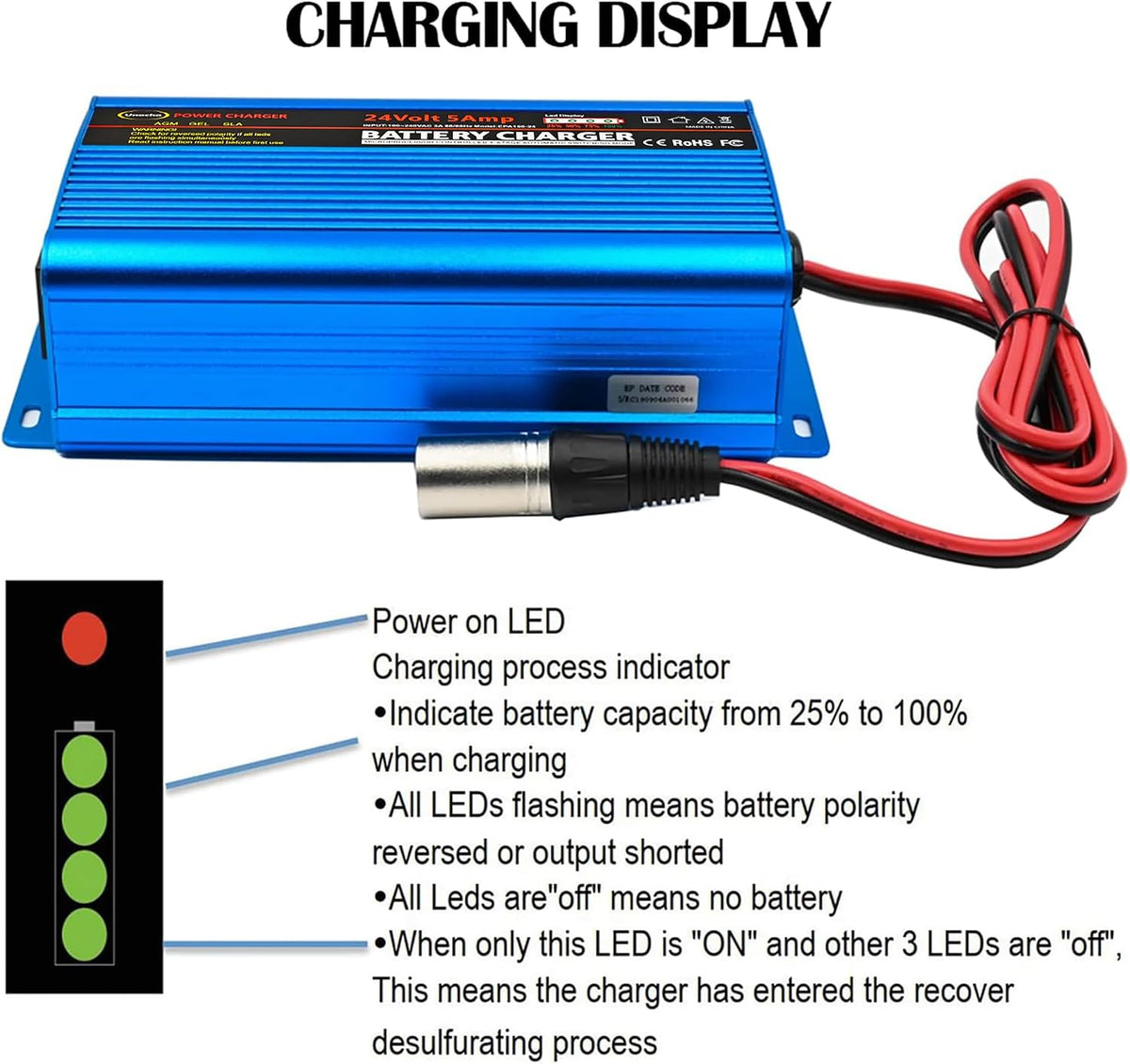 Unocho 24V 5A Battery Charger 4-Stage Smart Lead-Acid Charger with 3-Pin XLR ...