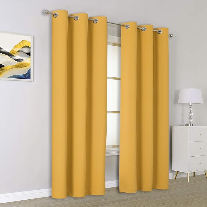 DUALIFE Gold Yellow Solid Curtains 96 Inch Length Blackout Curtain Panels - Image 2