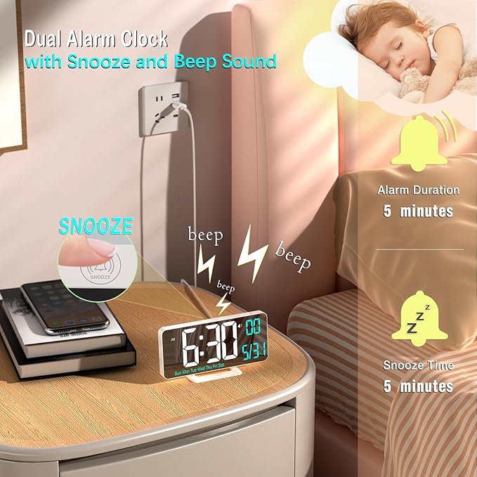 KOSUMOSU Digital LED Clocks for Bedrooms 6.7in White Alarm Clock, Day of Week - Image 6