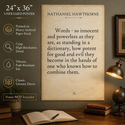 Nathaniel Hawthorne Words Quote Wall Art 24x36 Unframed Poster Words So Innocent and Powerless How Potent for Good and Evil Literary Print for Writers Authors Teachers Library Office Décor