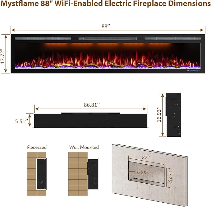 88 Inch WiFi-Enabled Electric Fireplace Inserts & Wall Mounted, Slim Electric - Image 6