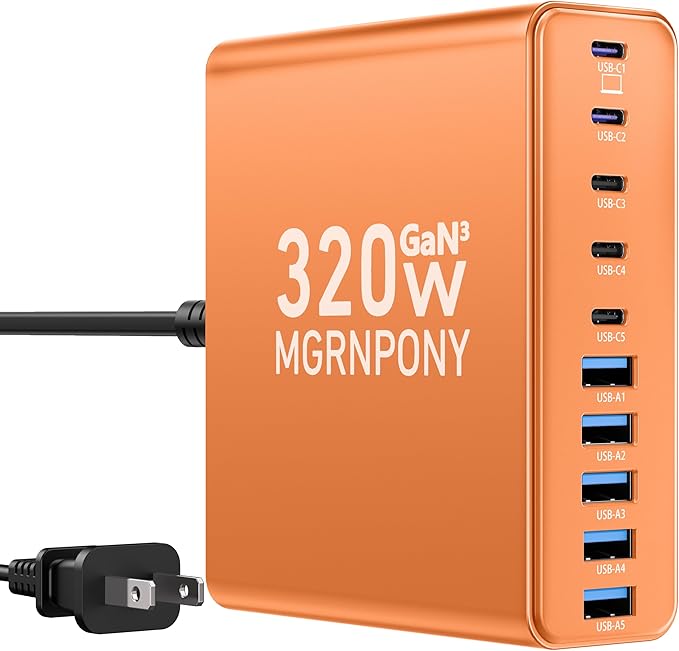 320W USB C Charger Block, 10-Port USB C Charging Station GaN III PD 65W Laptop by MGRNPONY