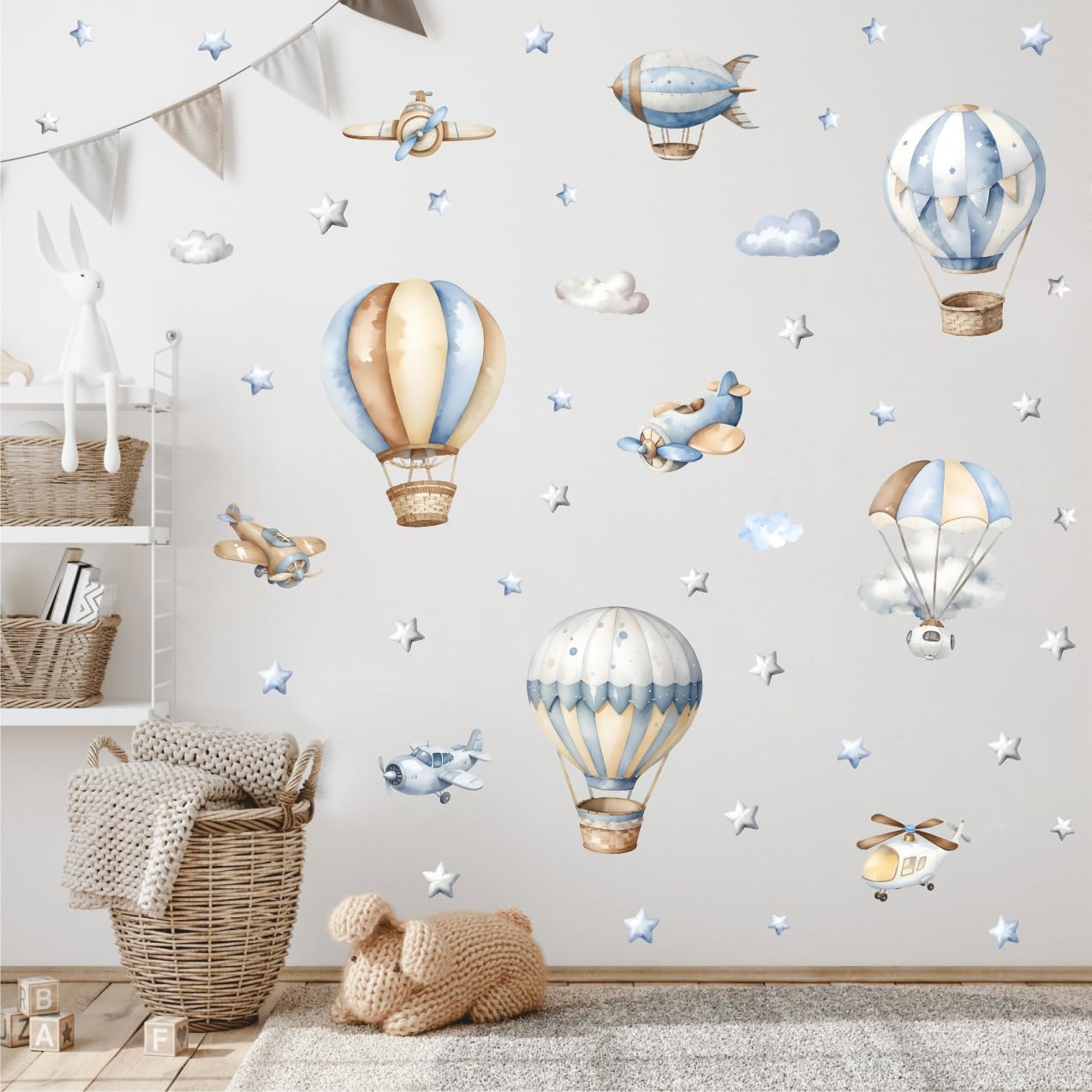 Watercolor Hot Air Balloon Wall Sticker Airplane Cloud Vinyl Decal | Watercolor Hot Air Balloon Wall Stickers, DIY Airplane Clouds Vinyl Decals for Kids Bedroom Playroom Toddler Room Decor